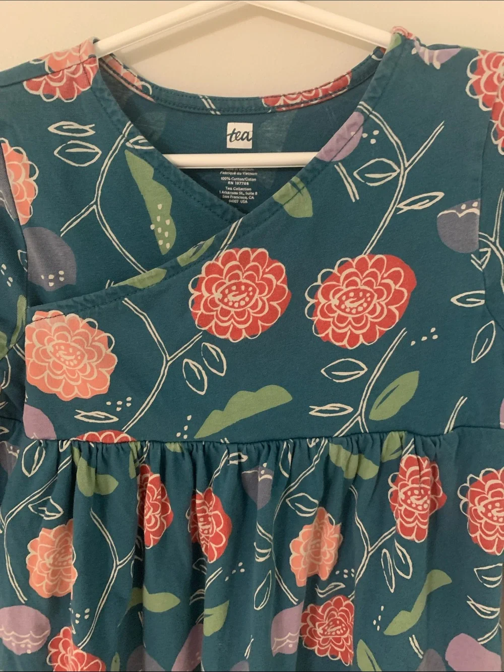 Tea Collection Long Sleeve Floral Empire Waist Cotton Dress Teal Pink Size 7